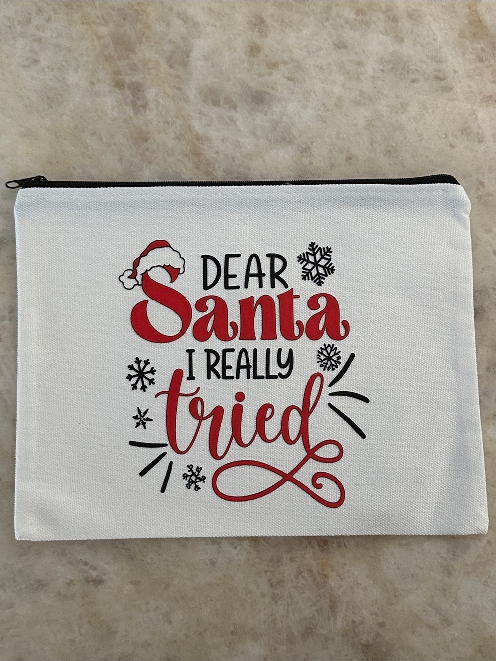 White "Dear Santa I Really Tried" Holiday Zipper Pouch